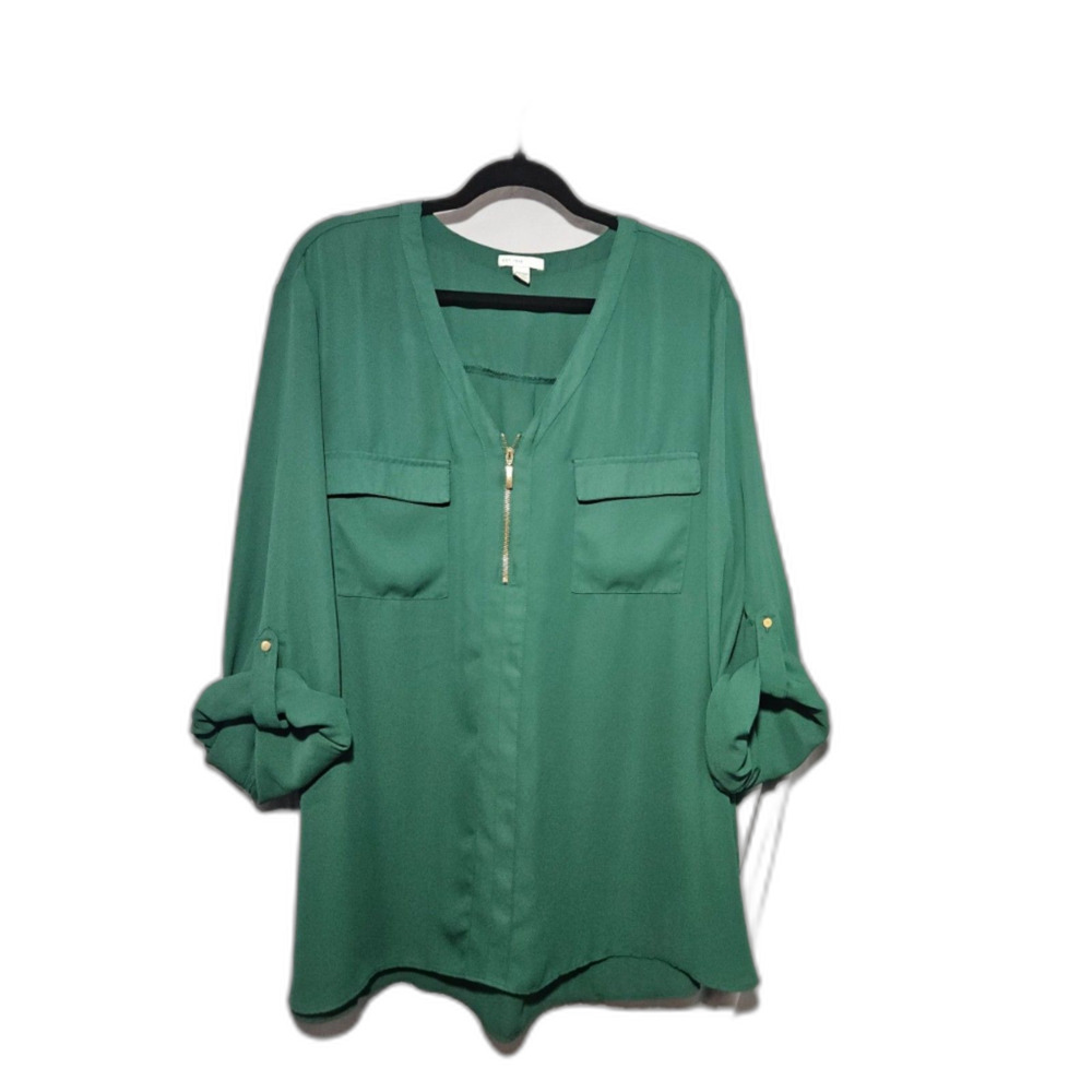 Catherines Womens 26W 28W Emerald Green Zip V-Neck Roll Tab Sleeve Blouse Top